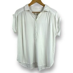 Loft Women's M Button Front Crepe Polo Shirt White Casual Basic Summer Top